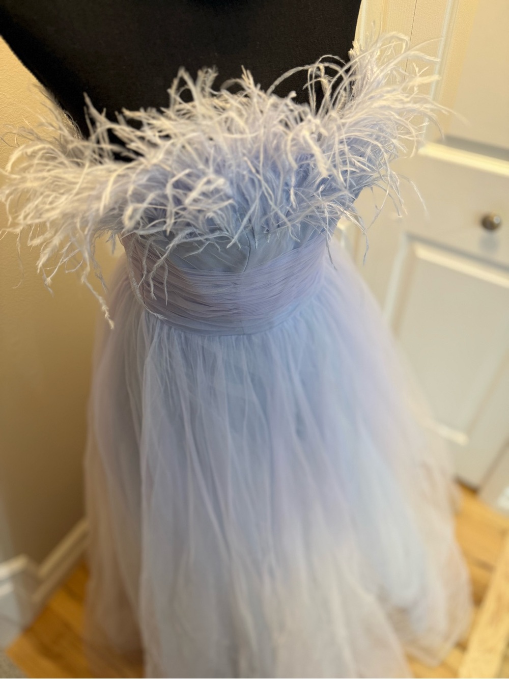 MAC DUGGAL Feather Trim Tulle Gown in Light Blue OMBRÉ - Picture 6 of 7